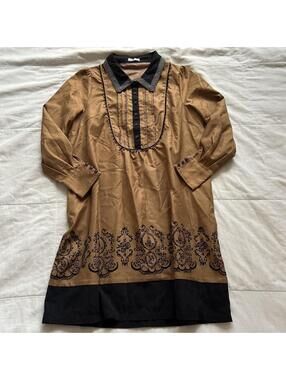 Axes Femme Brown Black Chandelier Print Lace Trim Long Sleeve Dress M Japan